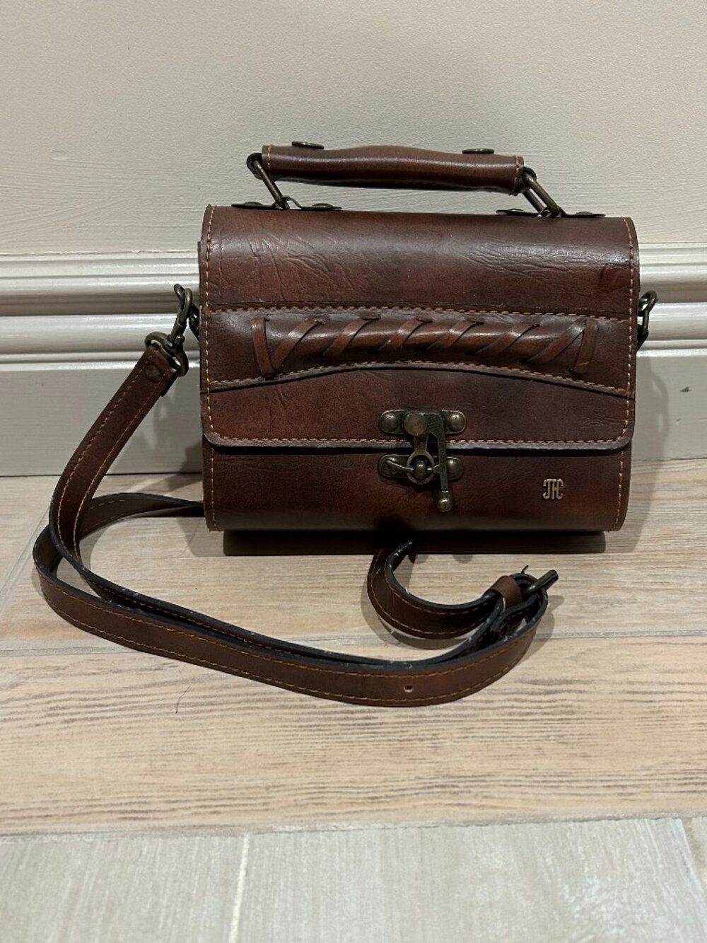 Womens JHC Christian Charles Brown Leather Crossbody Top Handle Satchel Handbag